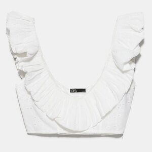 Zara White Ruffled Eyelet Cropped Blouse Size XL